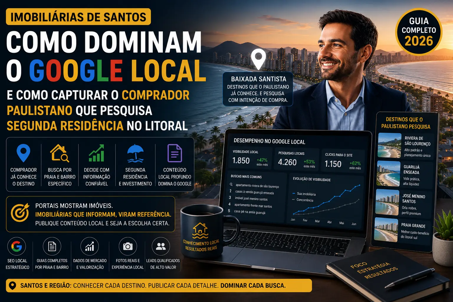 Como imobiliárias de Santos dominam o Google local (e como capturar o comprador paulistano que pesquisa segunda residência no litoral)
