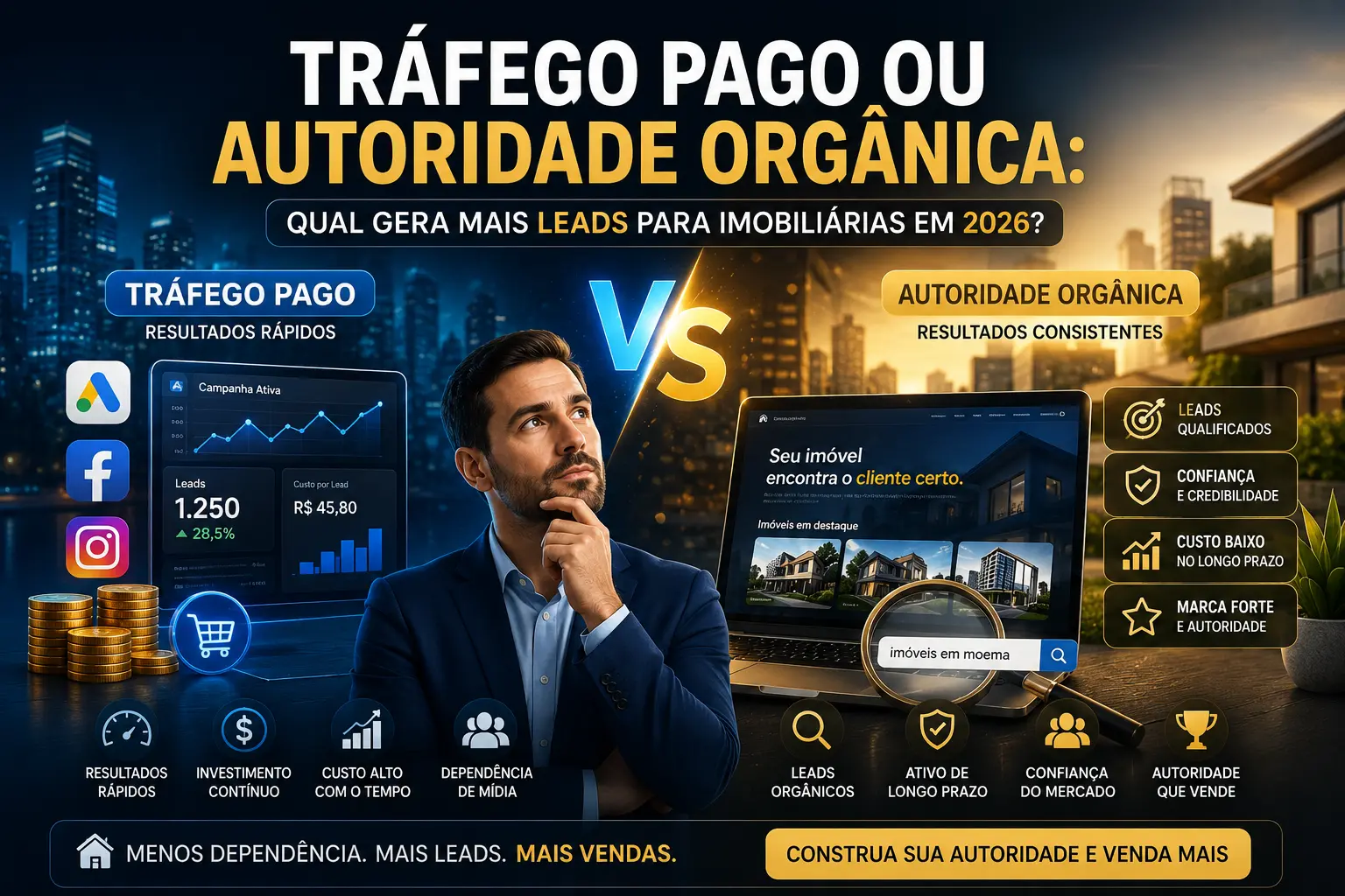 Tráfego pago ou autoridade orgânica: qual gera mais leads para imobiliárias em 2026