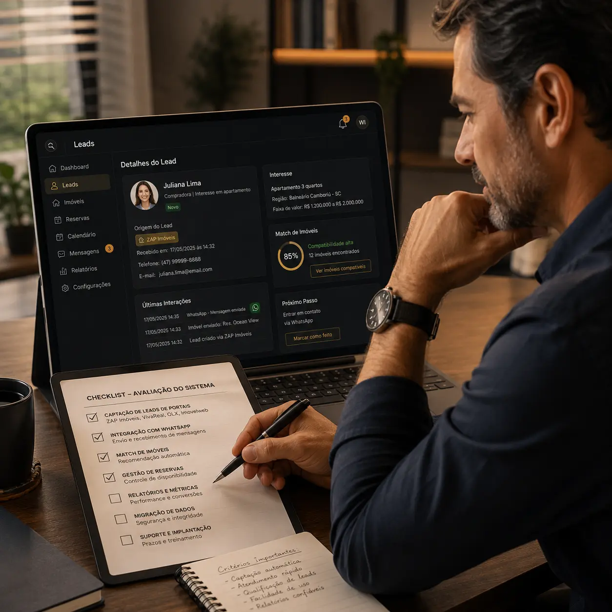Profissional avaliando CRM imobiliário com checklist de critérios especializados