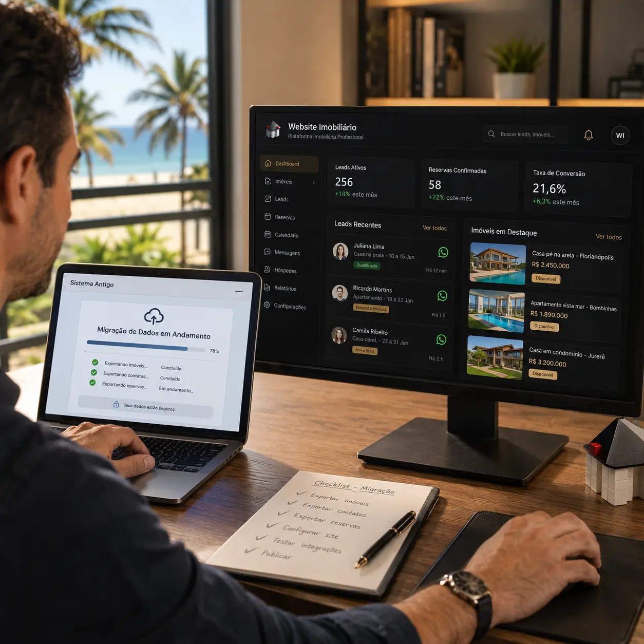 Profissional gerenciando migração de dados entre sistemas imobiliários com segurança
