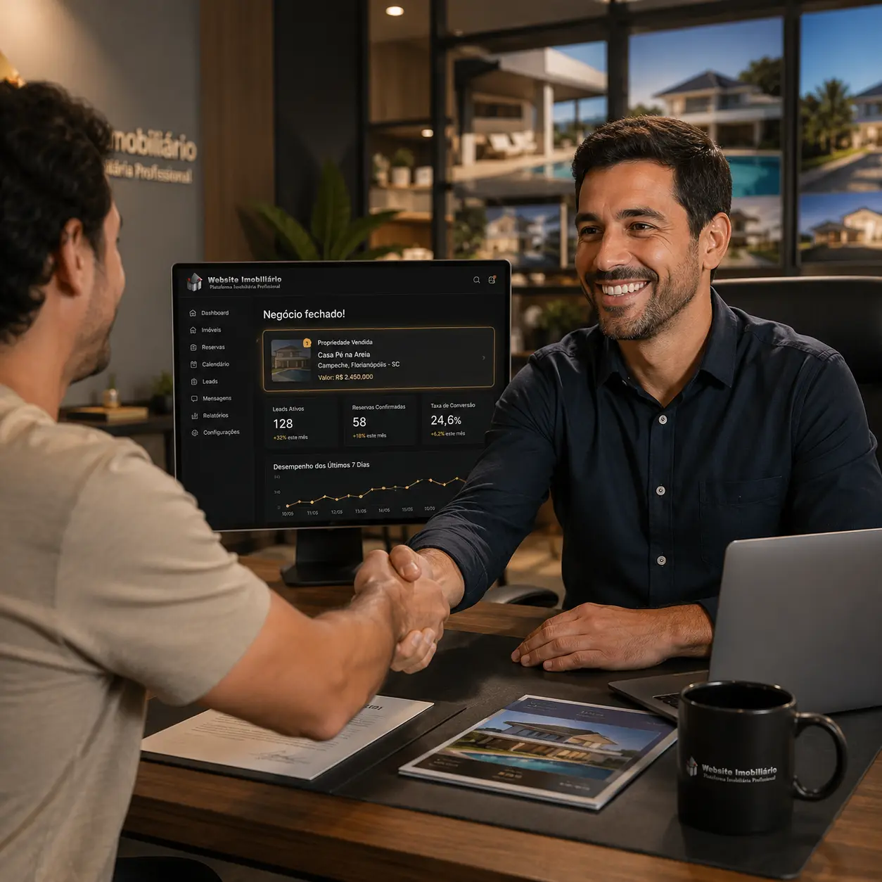 Corretor de imóveis fechando negócio com suporte do sistema Website Imobiliário