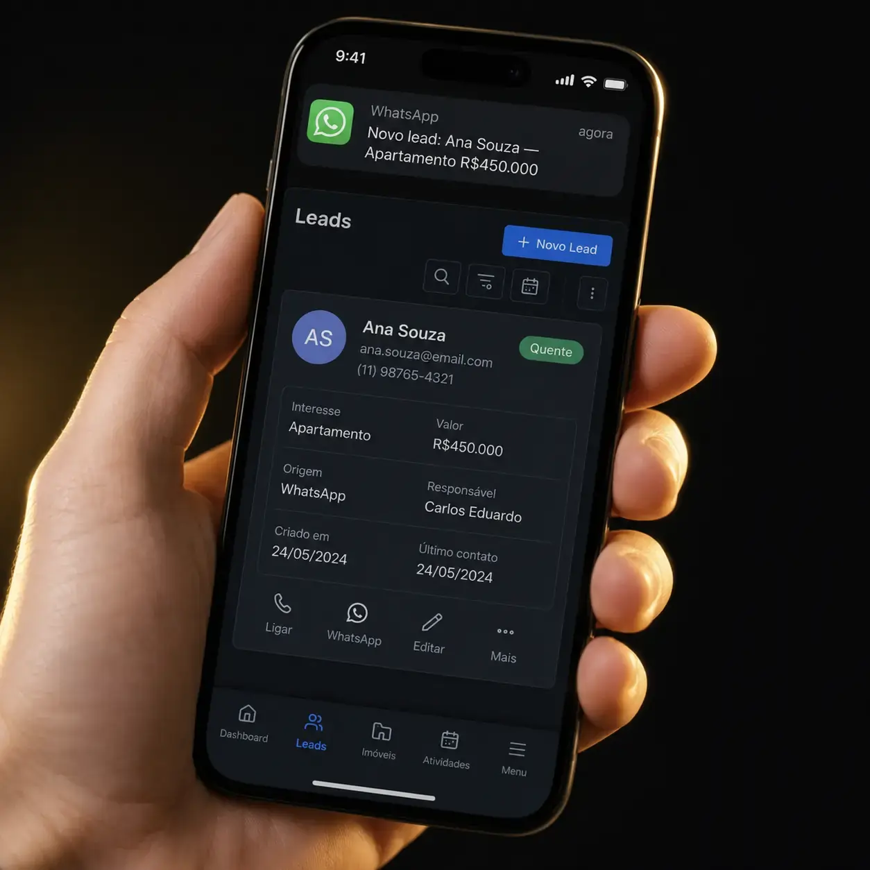 Painel do CRM Imobiliário integrado com WhatsApp