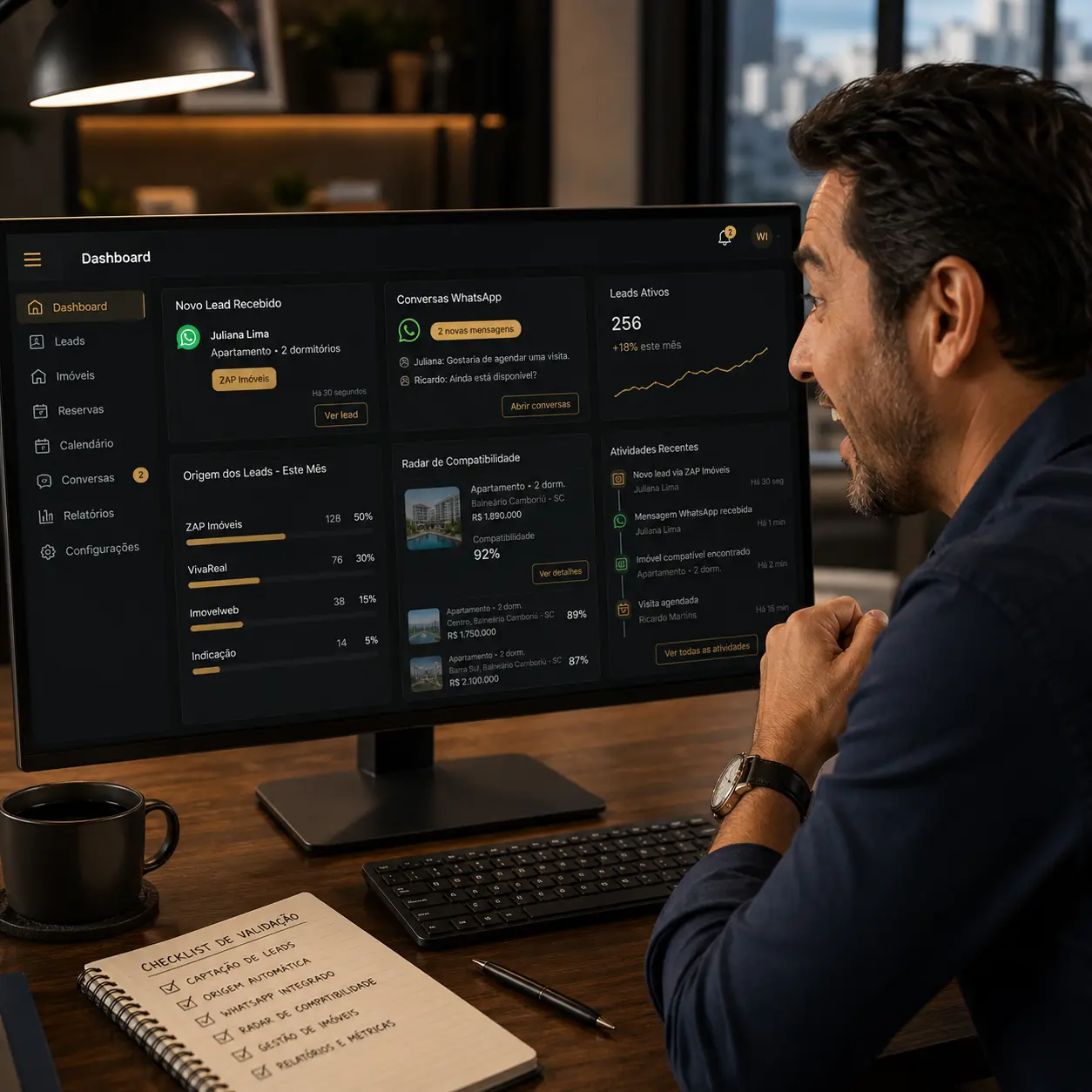 Corretor descobrindo funcionalidades nativas do CRM imobiliário em demonstração gratuita