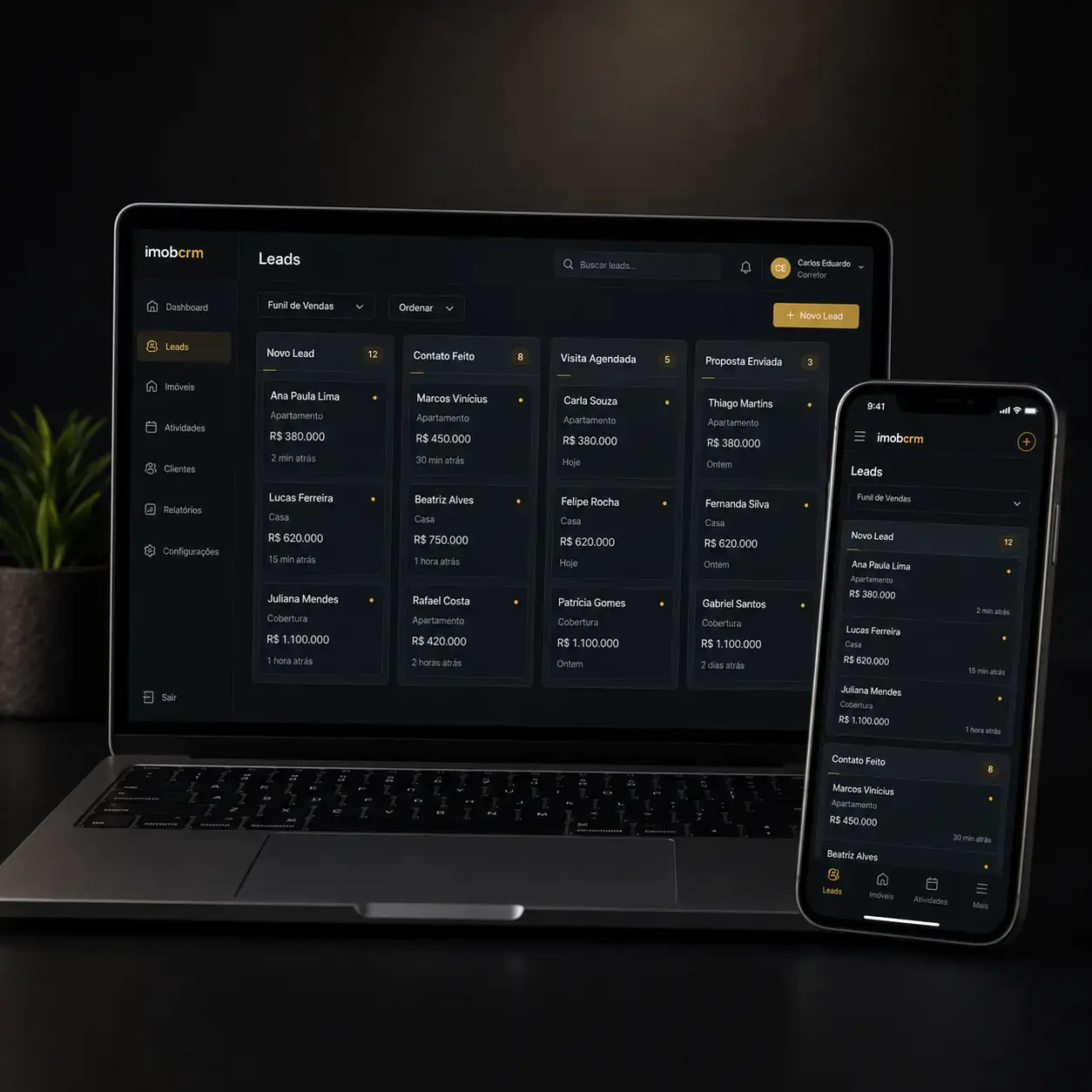 Painel do CRM para Corretor Autônomo com visualização Kanban e acesso mobile