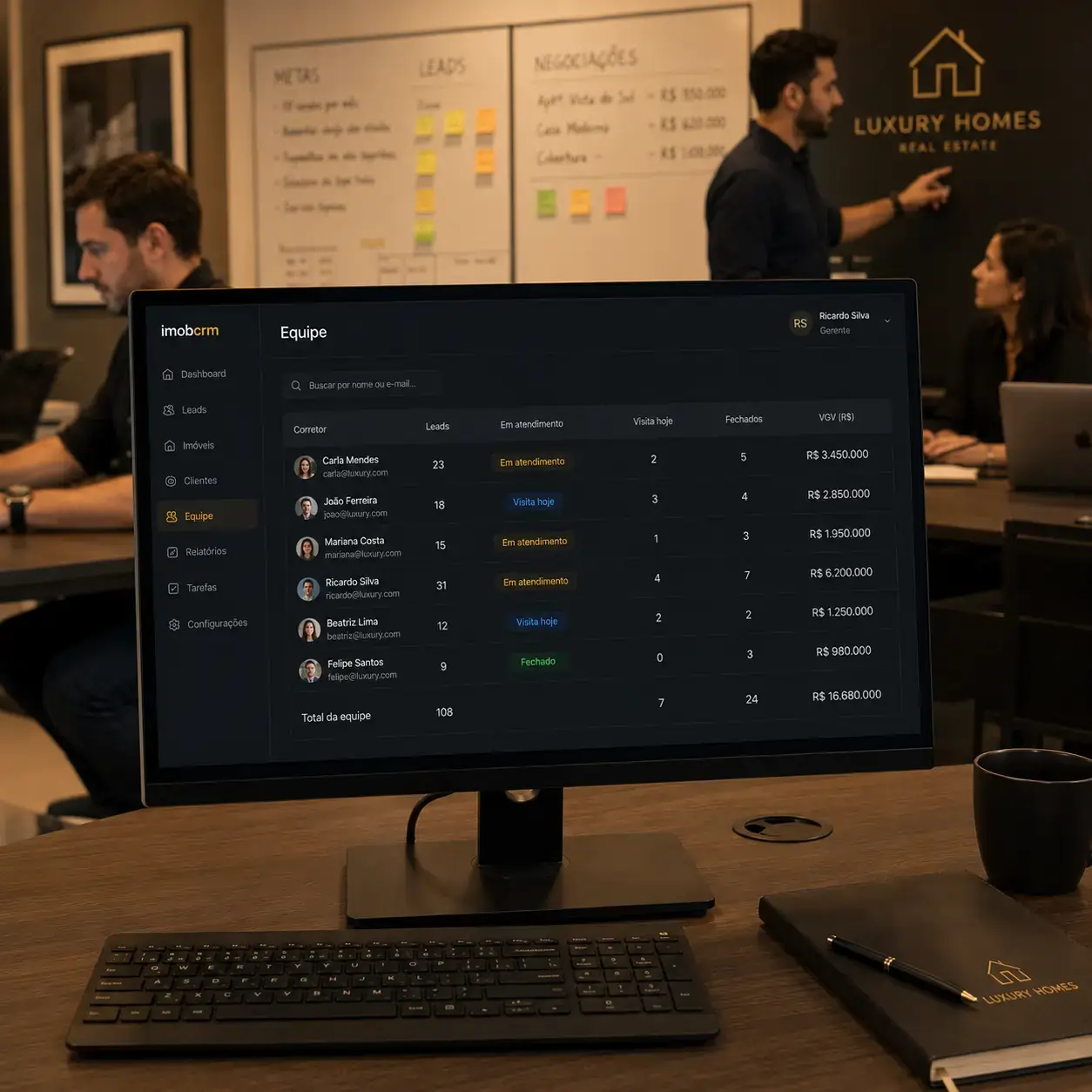 Painel do CRM para Pequenas Imobiliárias com visualização Kanban e acesso mobile