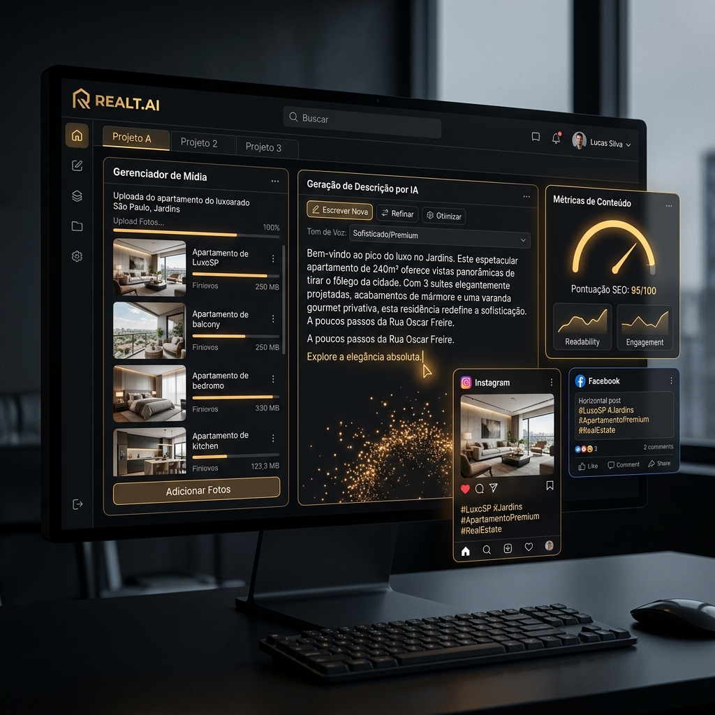 Interface de Inteligência Artificial para imobiliárias gerando conteúdo e anúncios