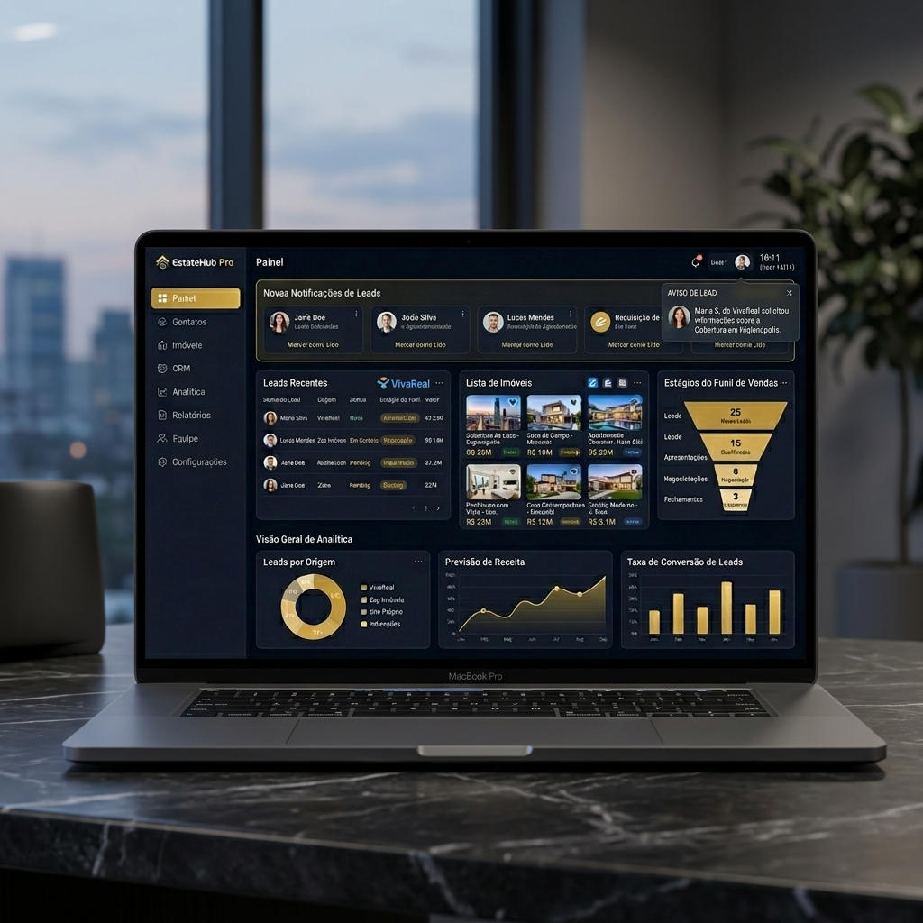 Dashboard do Sistema Website Imobiliário com leads chegando e múltiplos portais integrados