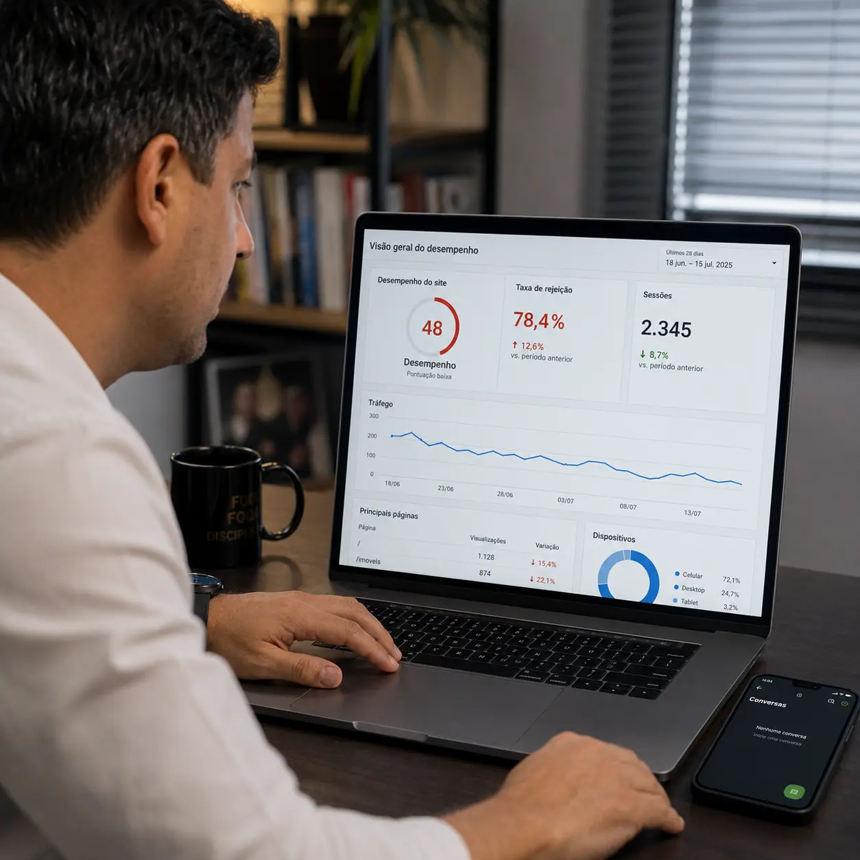 Corretor analisando métricas de site imobiliário que não gera leads