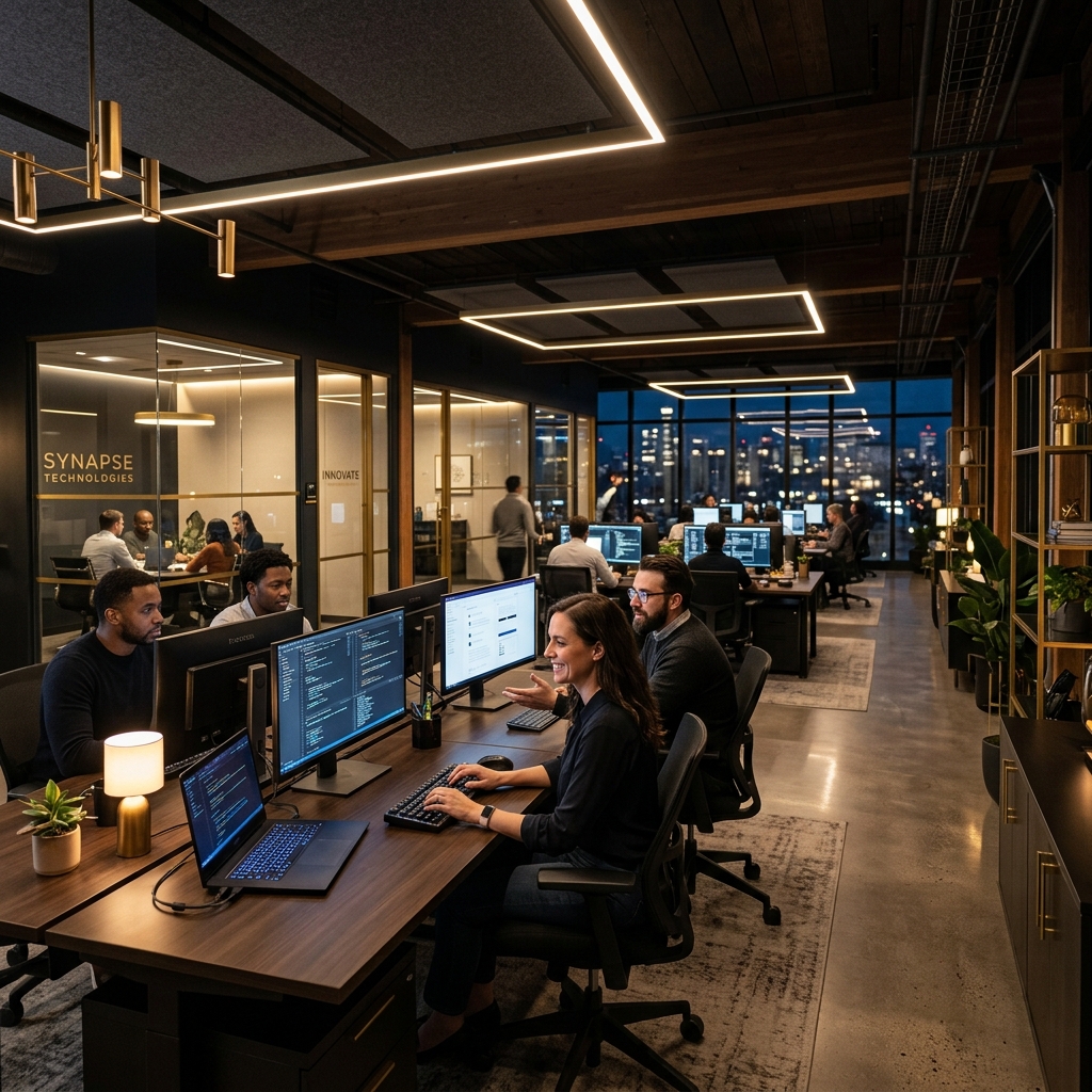 Equipe de tecnologia e desenvolvimento trabalhando em escritório luxuoso e moderno